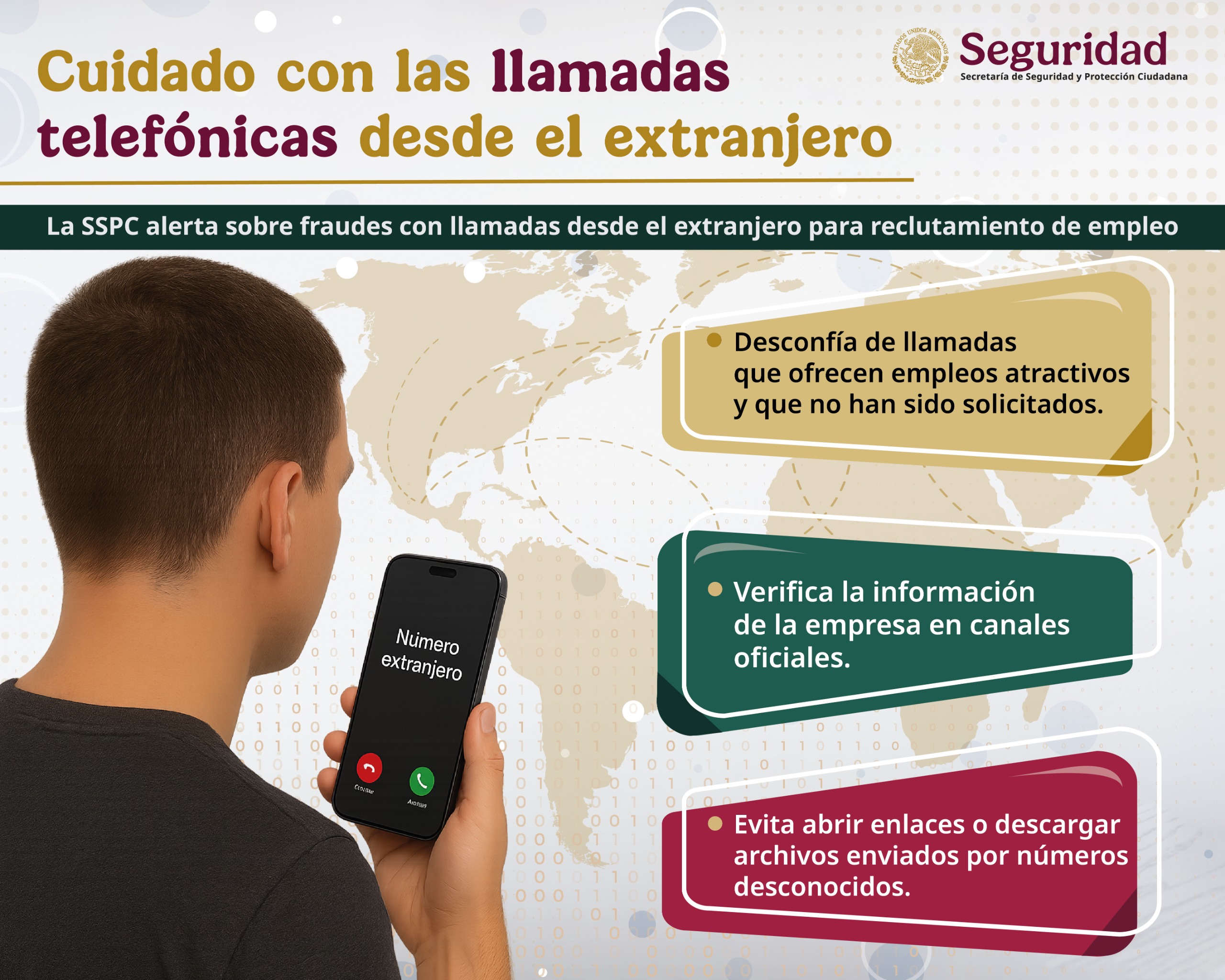 SSPC alerta sobre fraudes con llamadas telefónicas desde el extranjero con promesa de un empleo